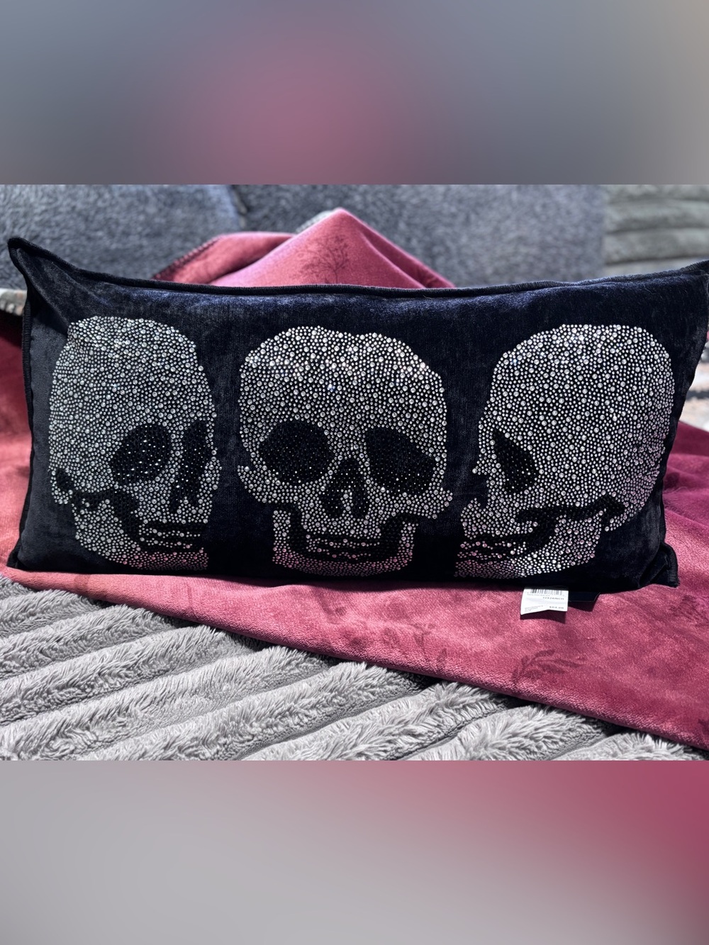 NWT Magaschoni Home Black Silver Rhinestone Skull Decorative Pillow 12x24
